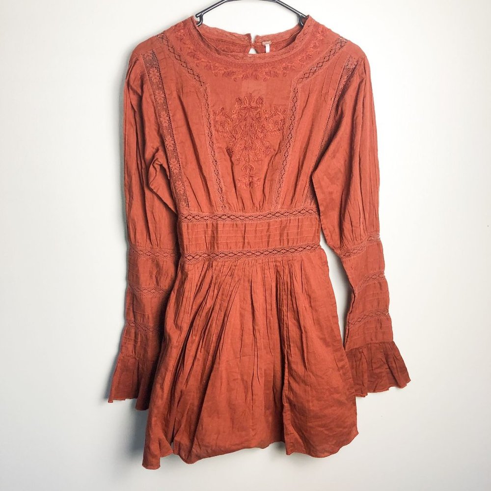 Free People Clementine Dress Flare Sleeve Fit & Flare Orange Dress 0